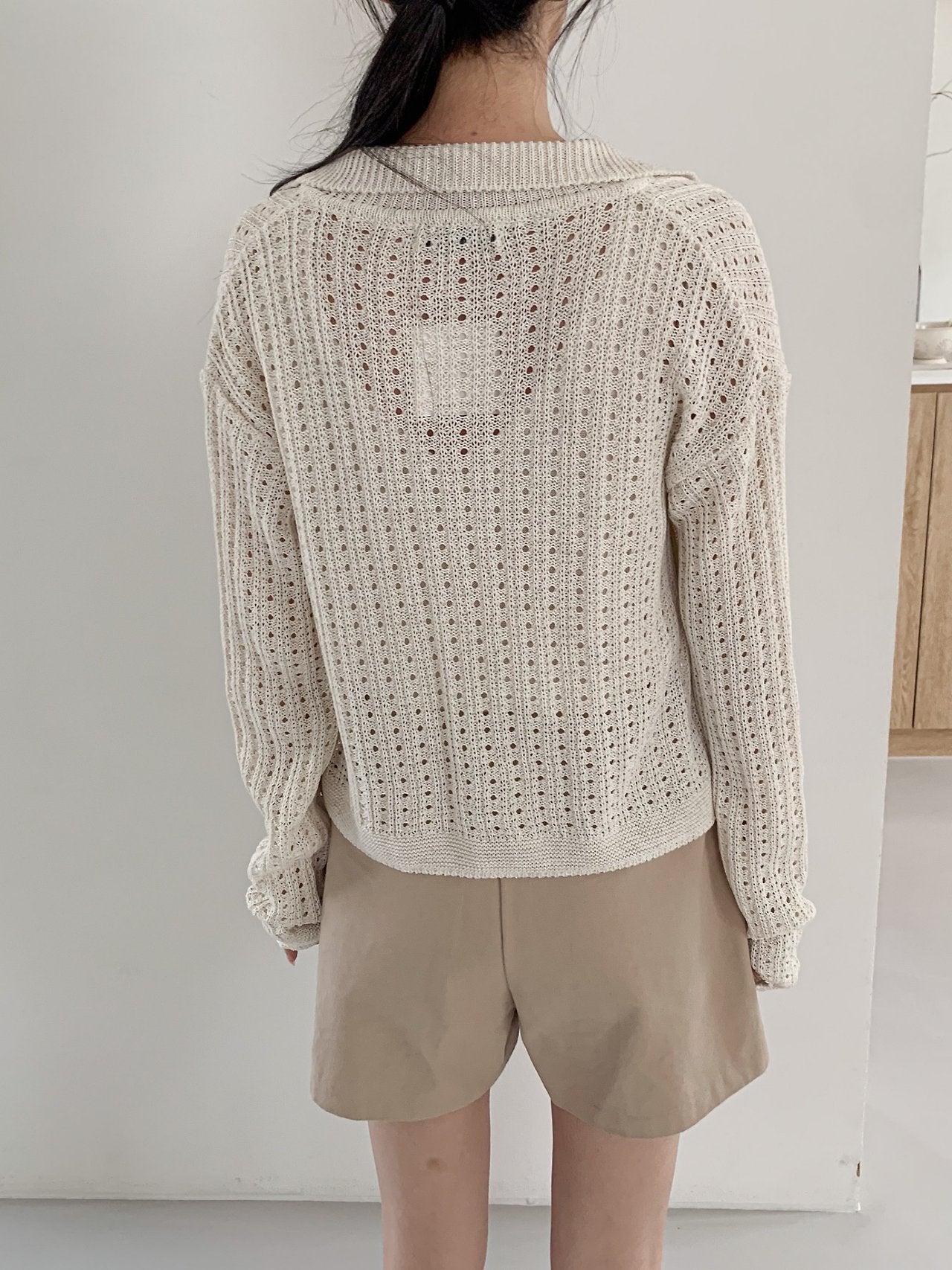Linen-Cotton Perforated Collar Cardigan