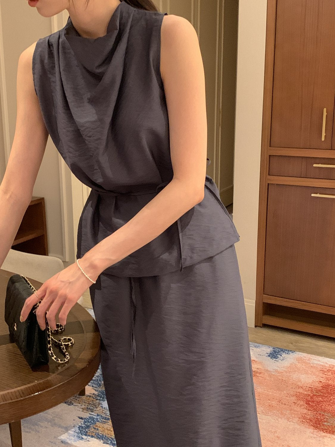 Cowl-Neck Shirring Sleeveless Blouse