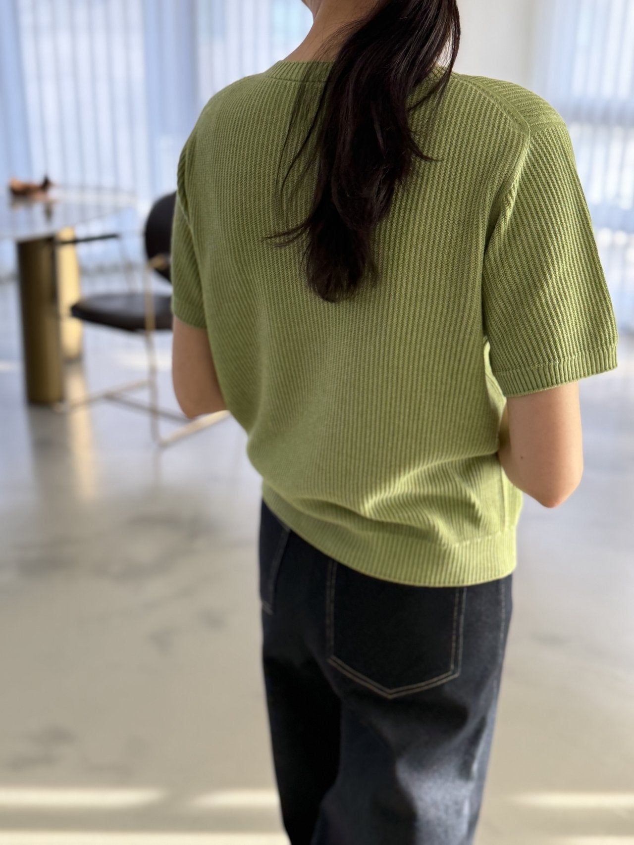 Textured Semi-Crop Knit (Short Sleeve) - Avocado