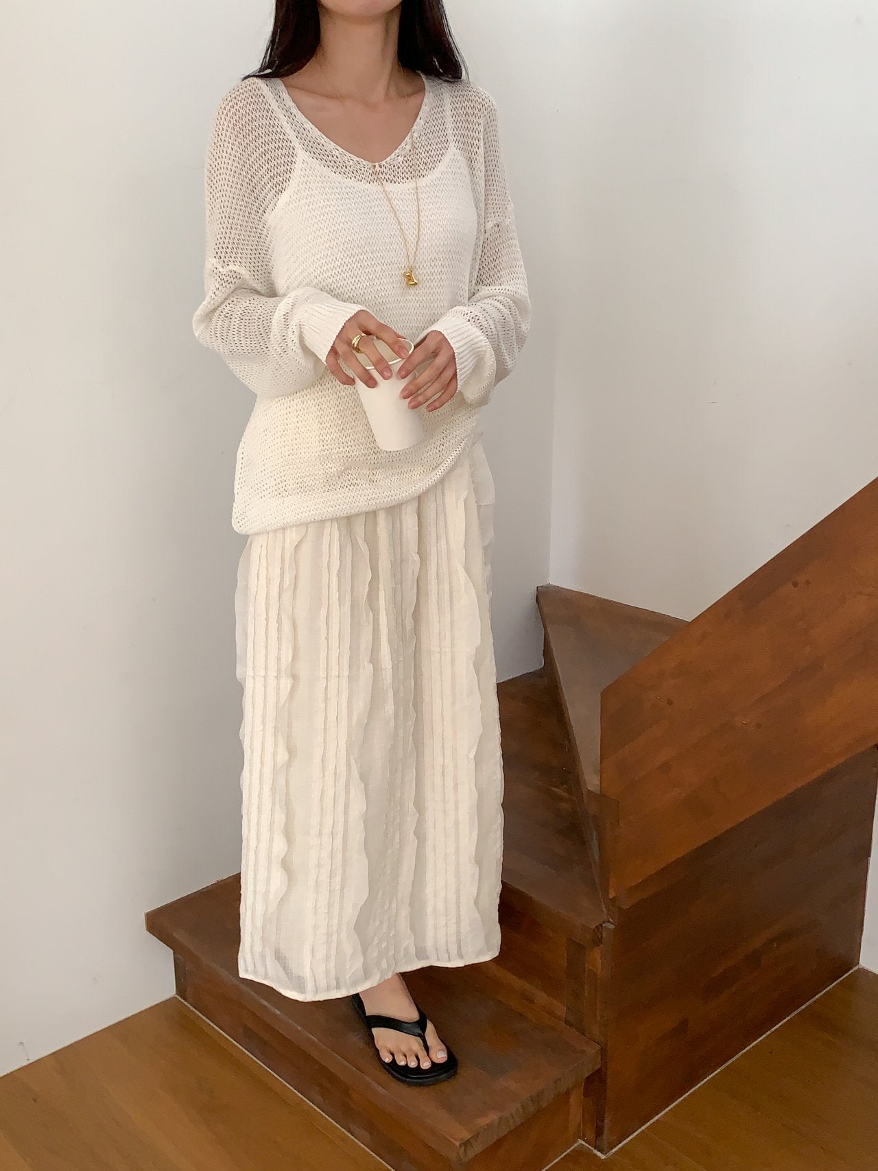 Ruffle Pintuck Long Skirt