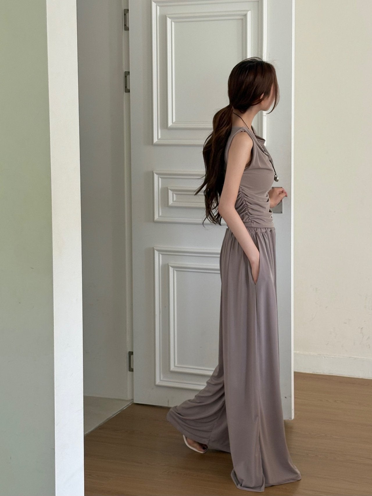 Draped Sleeveless & Wide-Leg Pants Set