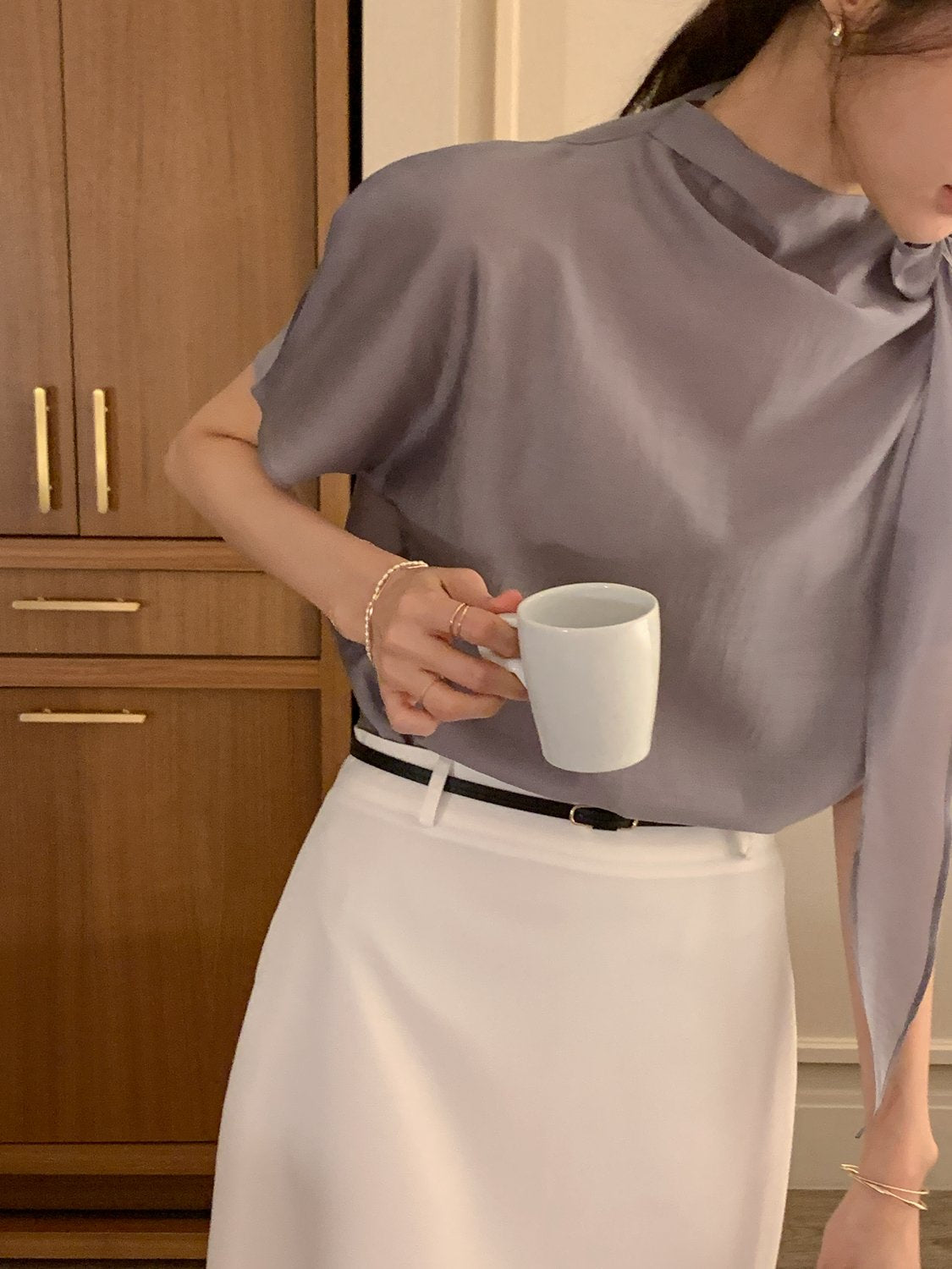 Tie Mock-Neck Blouse