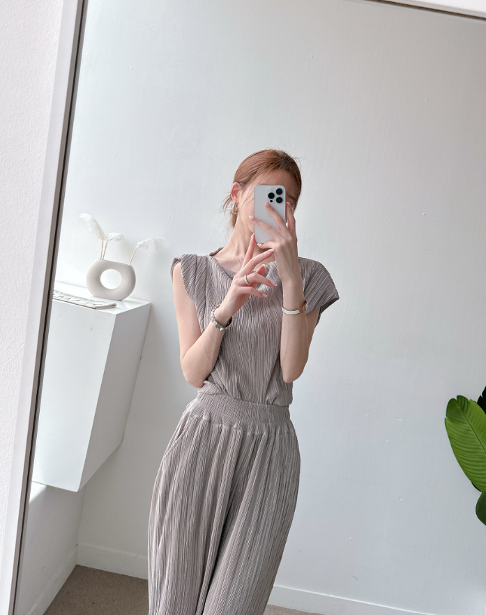 Pleated Off-Shoulder Cap Sleeve Top & Wide Pants Set