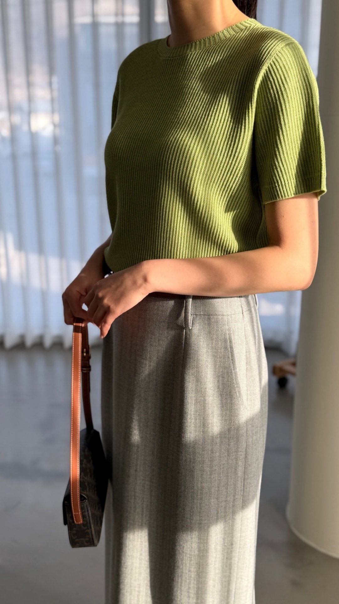 Textured Semi-Crop Knit (Short Sleeve) - Avocado