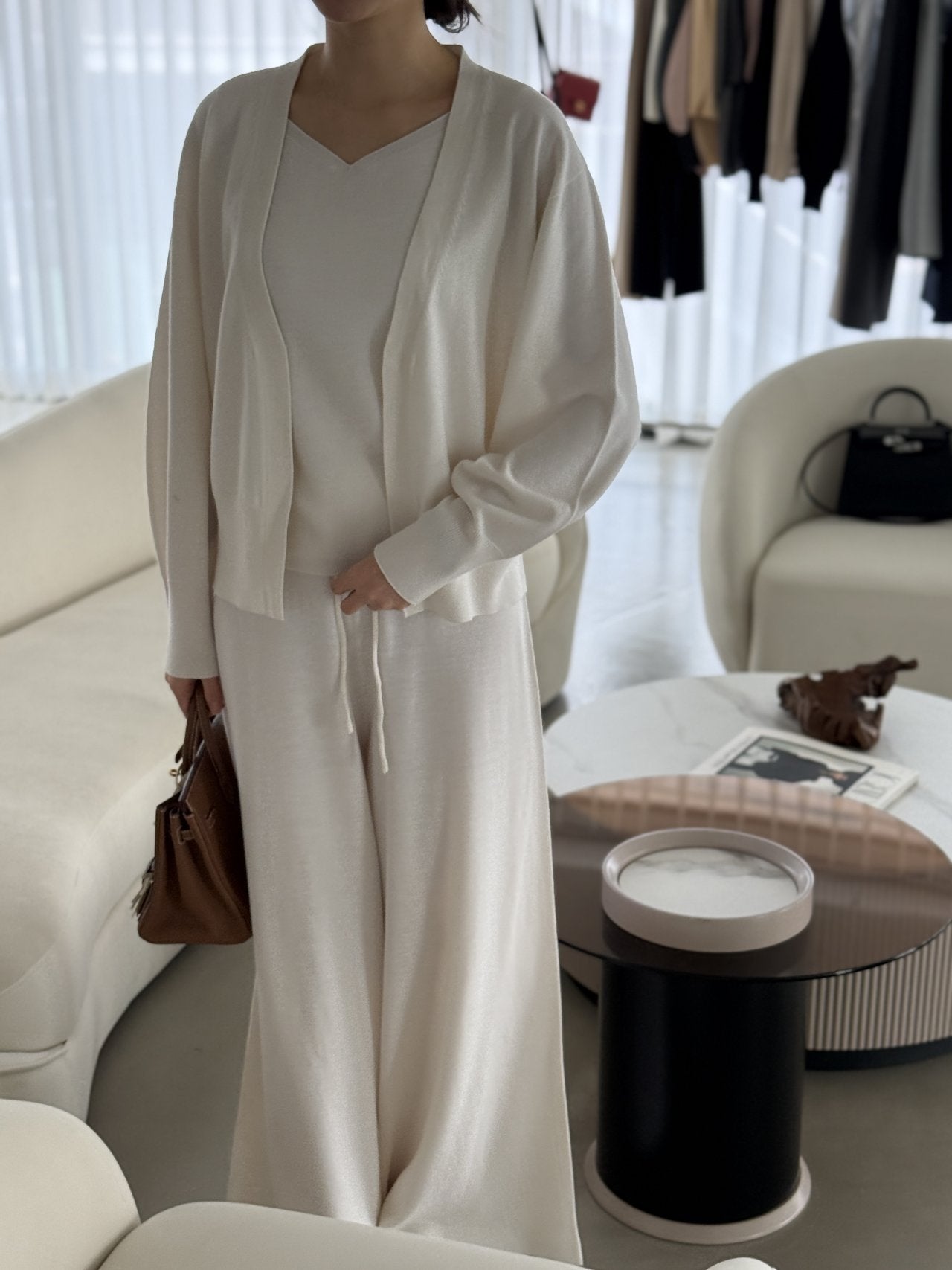 Signature Heart-Neck Cami & Cardigan Set - Cream Ivory