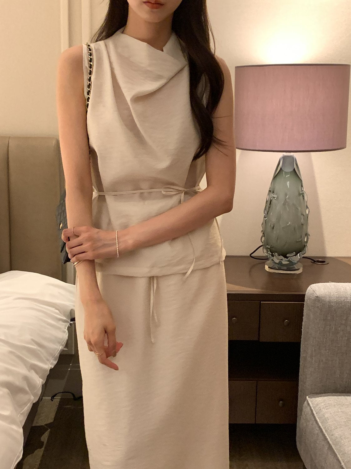 Cowl-Neck Shirring Sleeveless Blouse