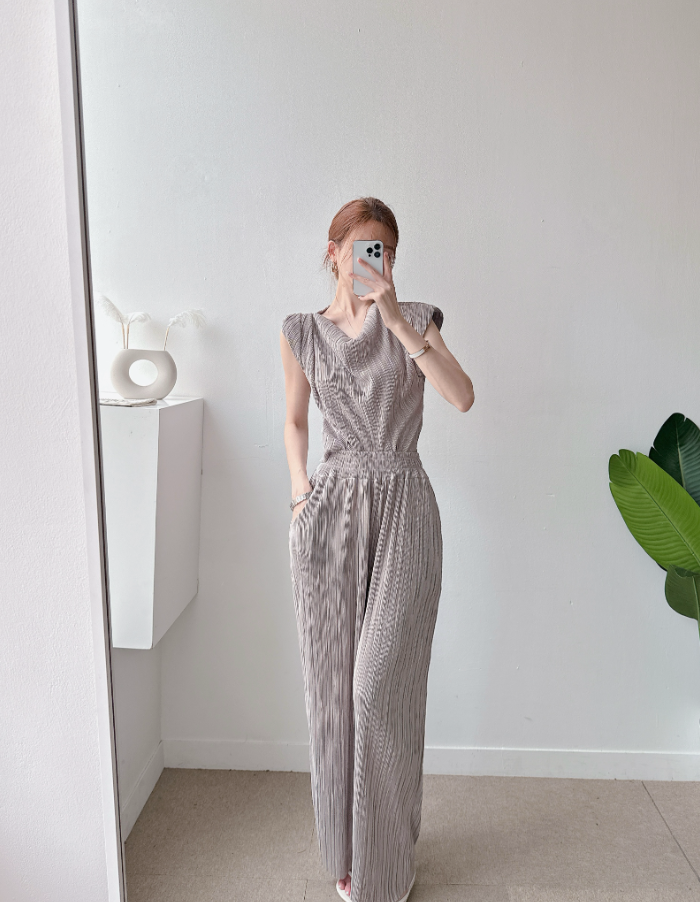 Pleated Off-Shoulder Cap Sleeve Top & Wide Pants Set