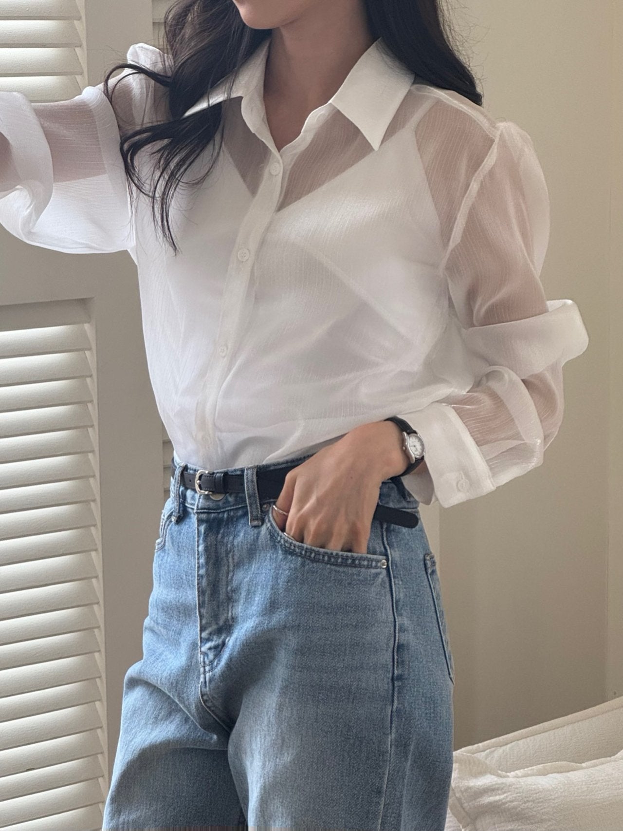 Luxury Organza Sheer Blouse – Sky Blue · White · Peach Pink