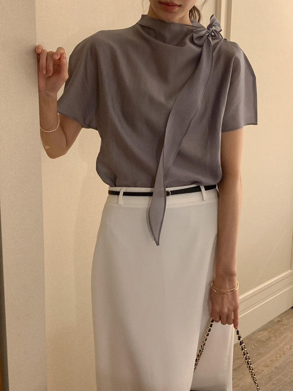 Tie Mock-Neck Blouse