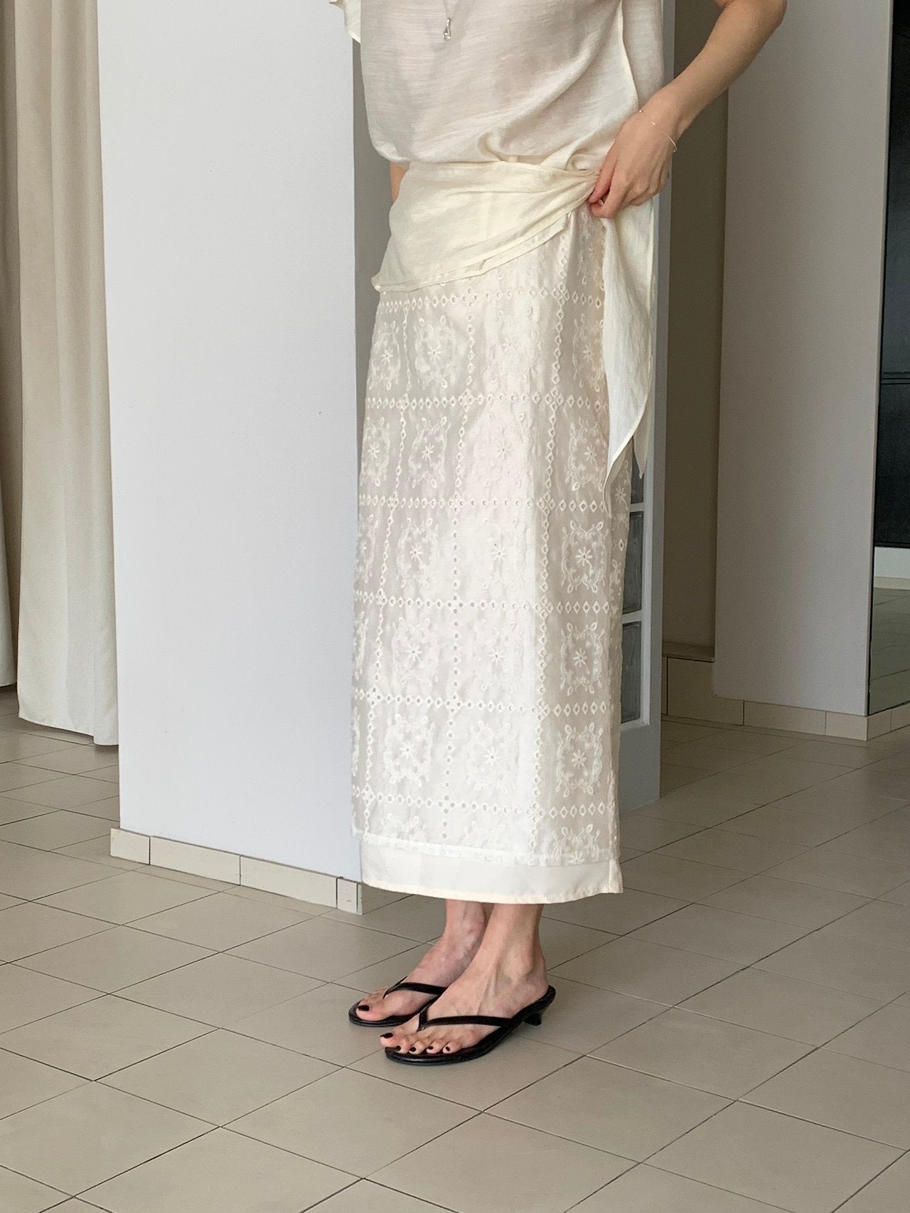 Square Lace Double-Layered Long Skirt