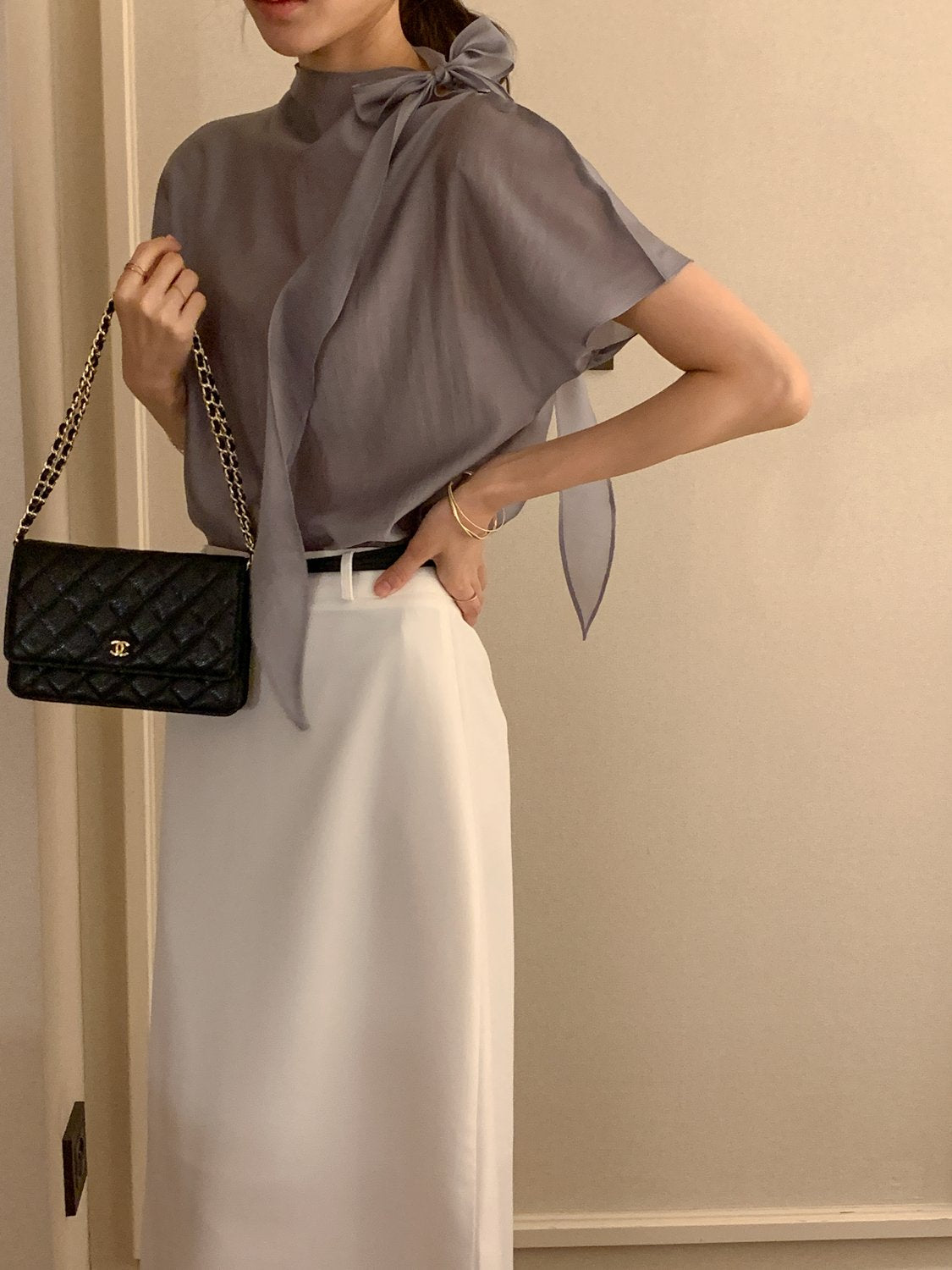 Tie Mock-Neck Blouse