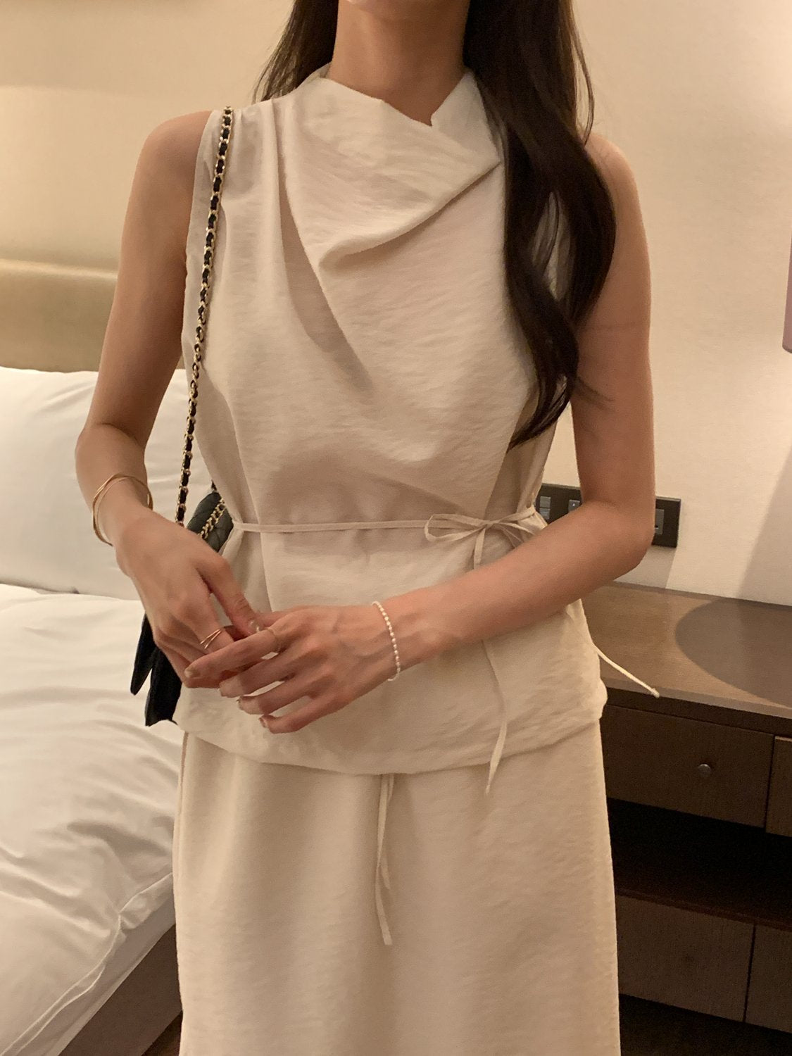 Cowl-Neck Shirring Sleeveless Blouse
