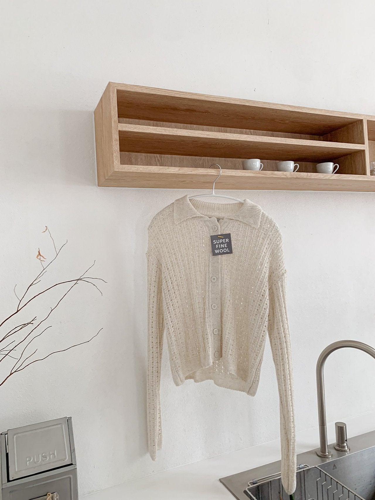 Linen-Cotton Perforated Collar Cardigan