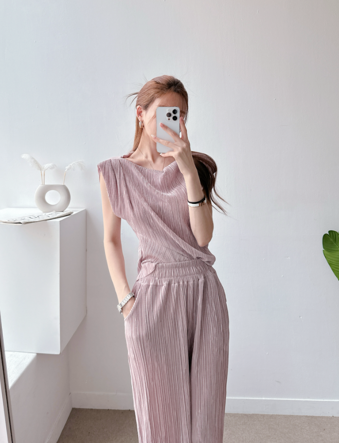 Pleated Off-Shoulder Cap Sleeve Top & Wide Pants Set