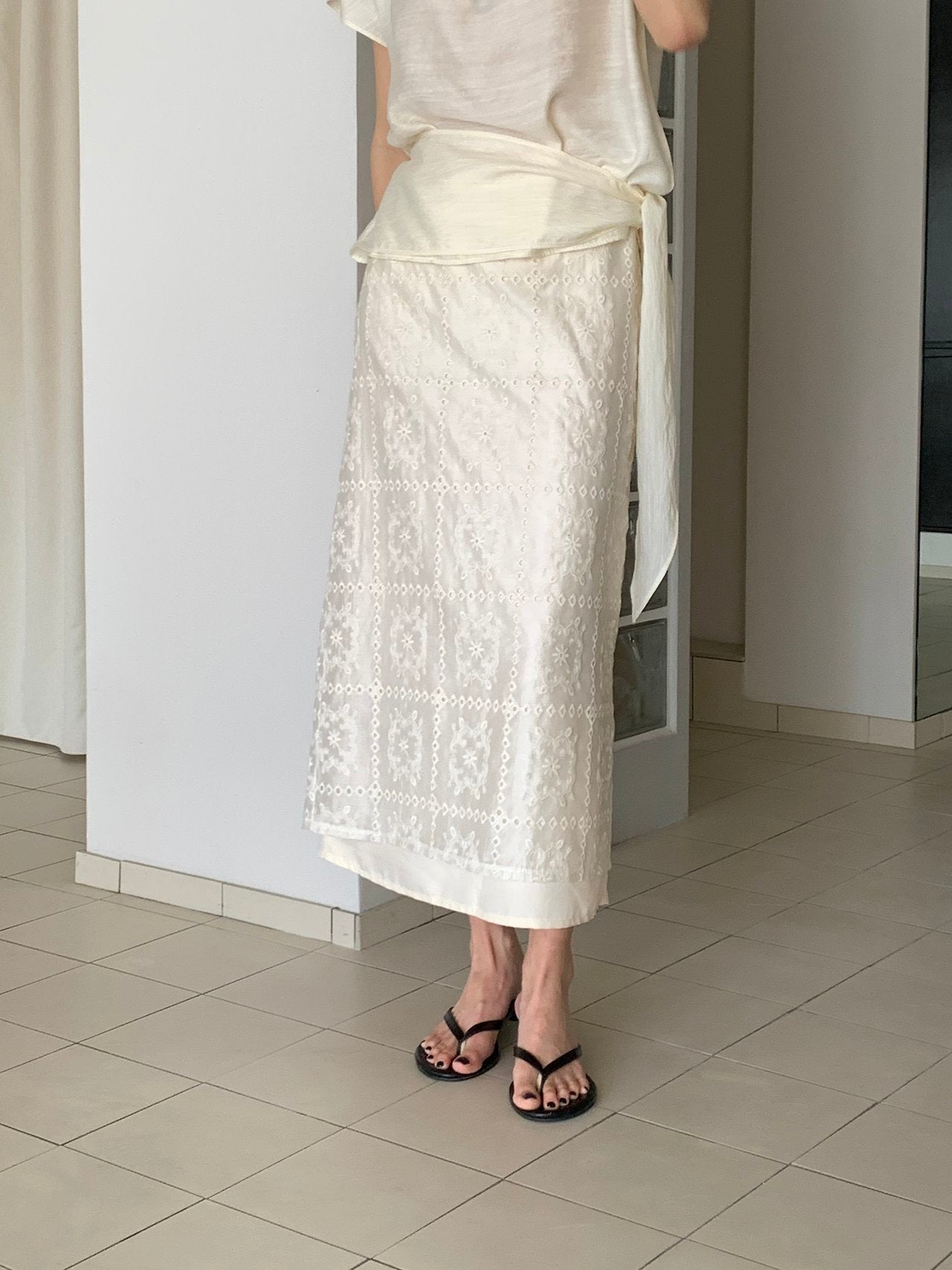 Square Lace Double-Layered Long Skirt