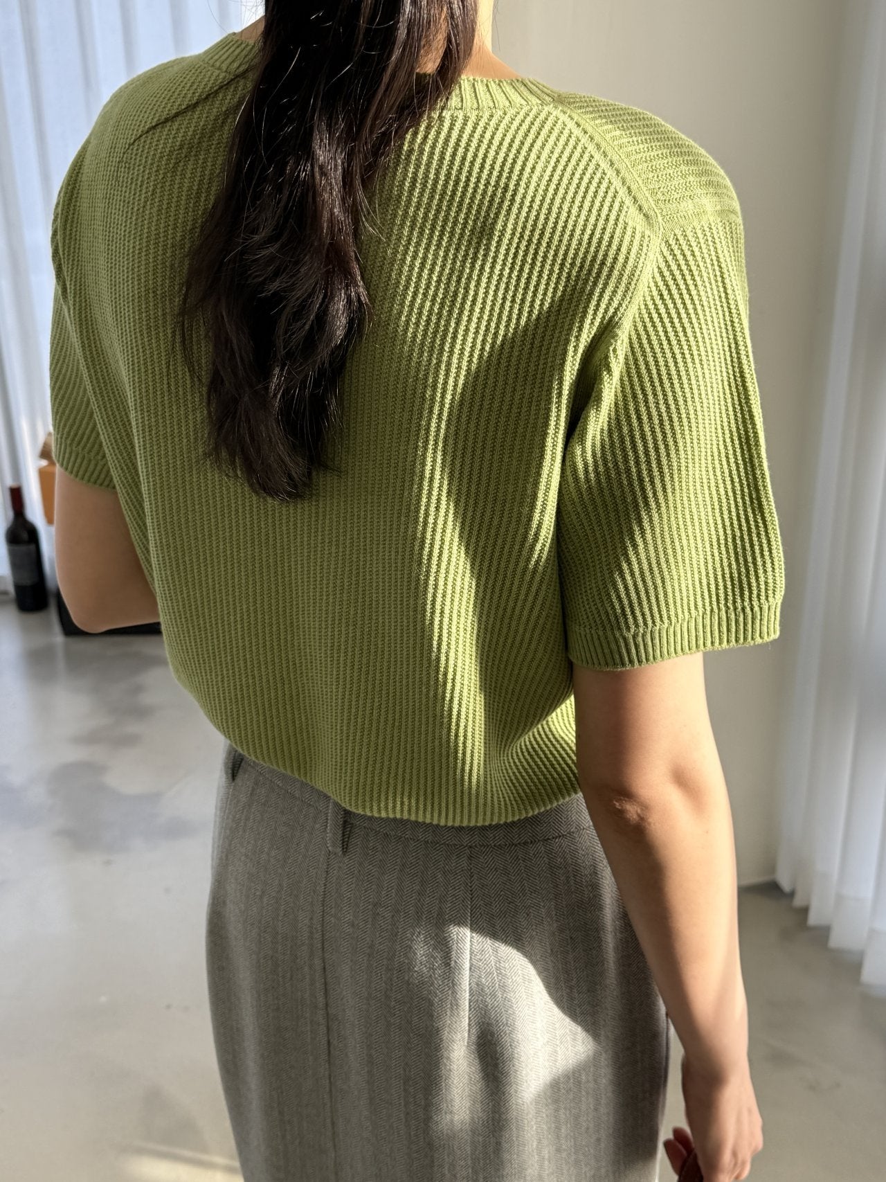 Textured Semi-Crop Knit (Short Sleeve) - Avocado