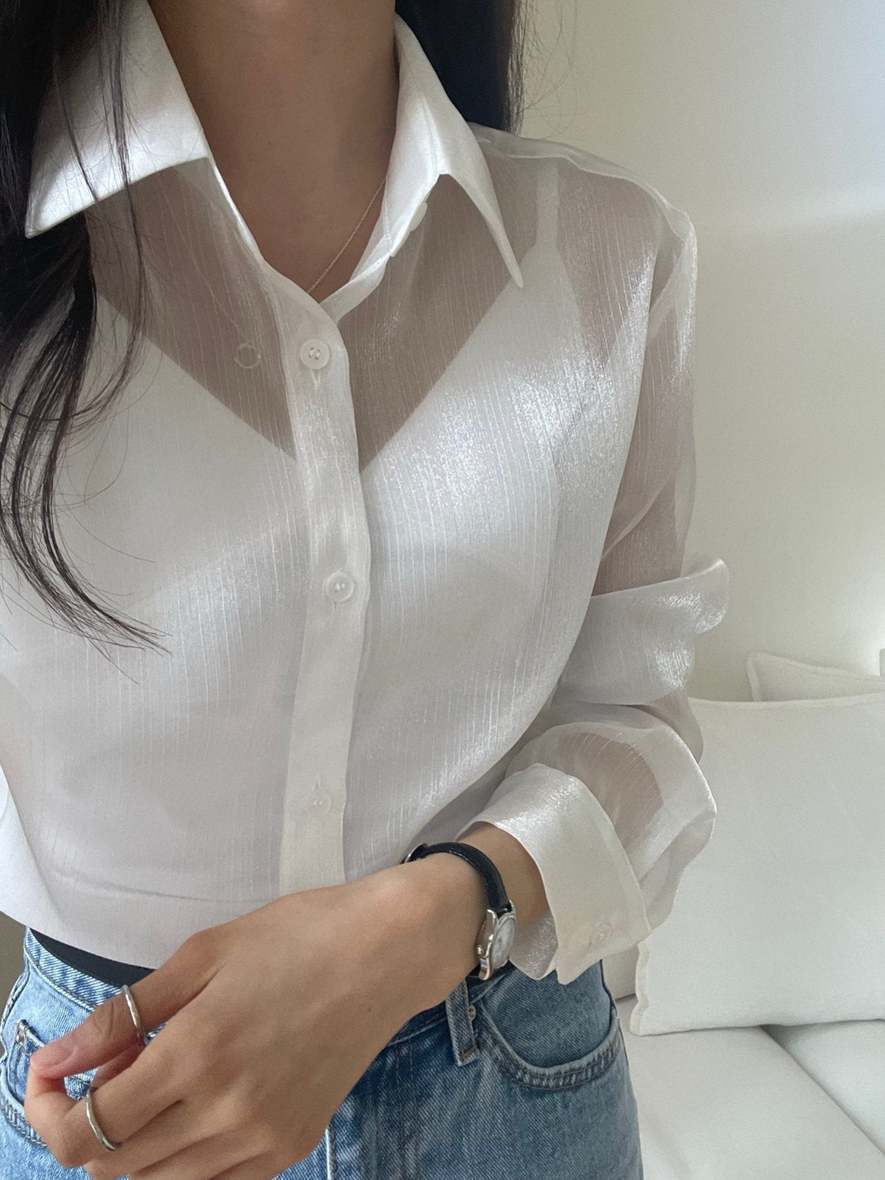 Luxury Organza Sheer Blouse – Sky Blue · White · Peach Pink
