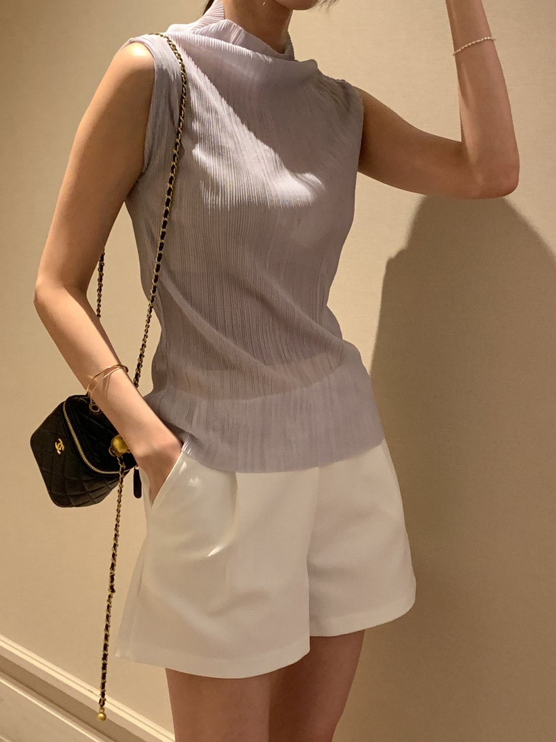Pleated Mock-Neck Sleeveless Top