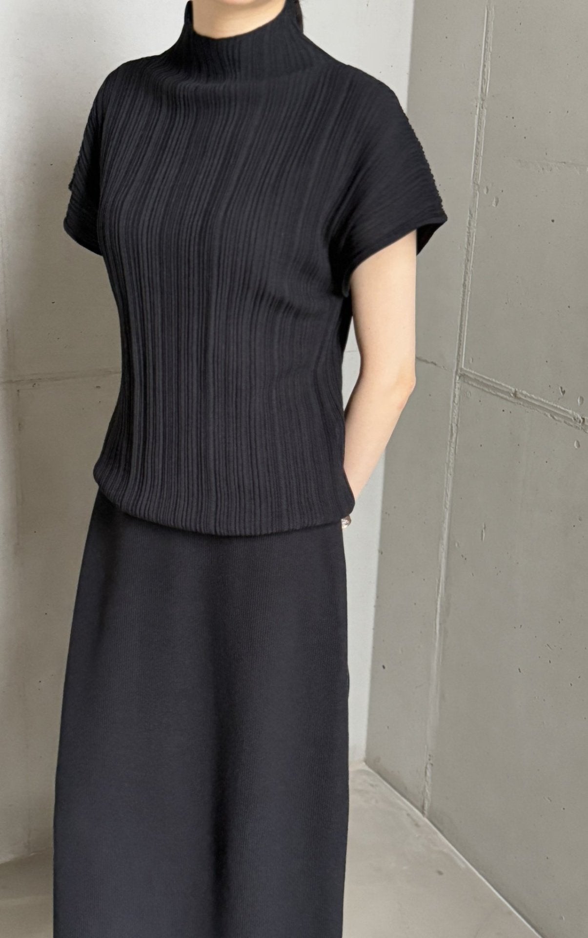 Lino Pleated Seamless Knit (Mock-neck) - Black