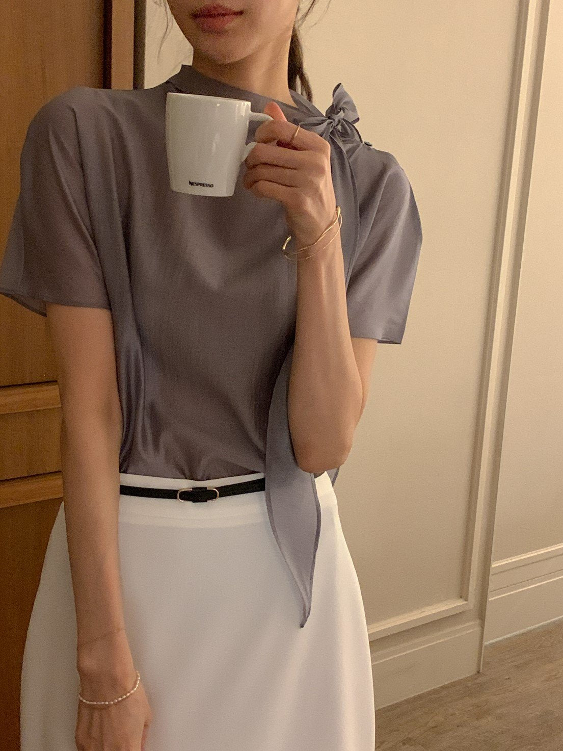 Tie Mock-Neck Blouse