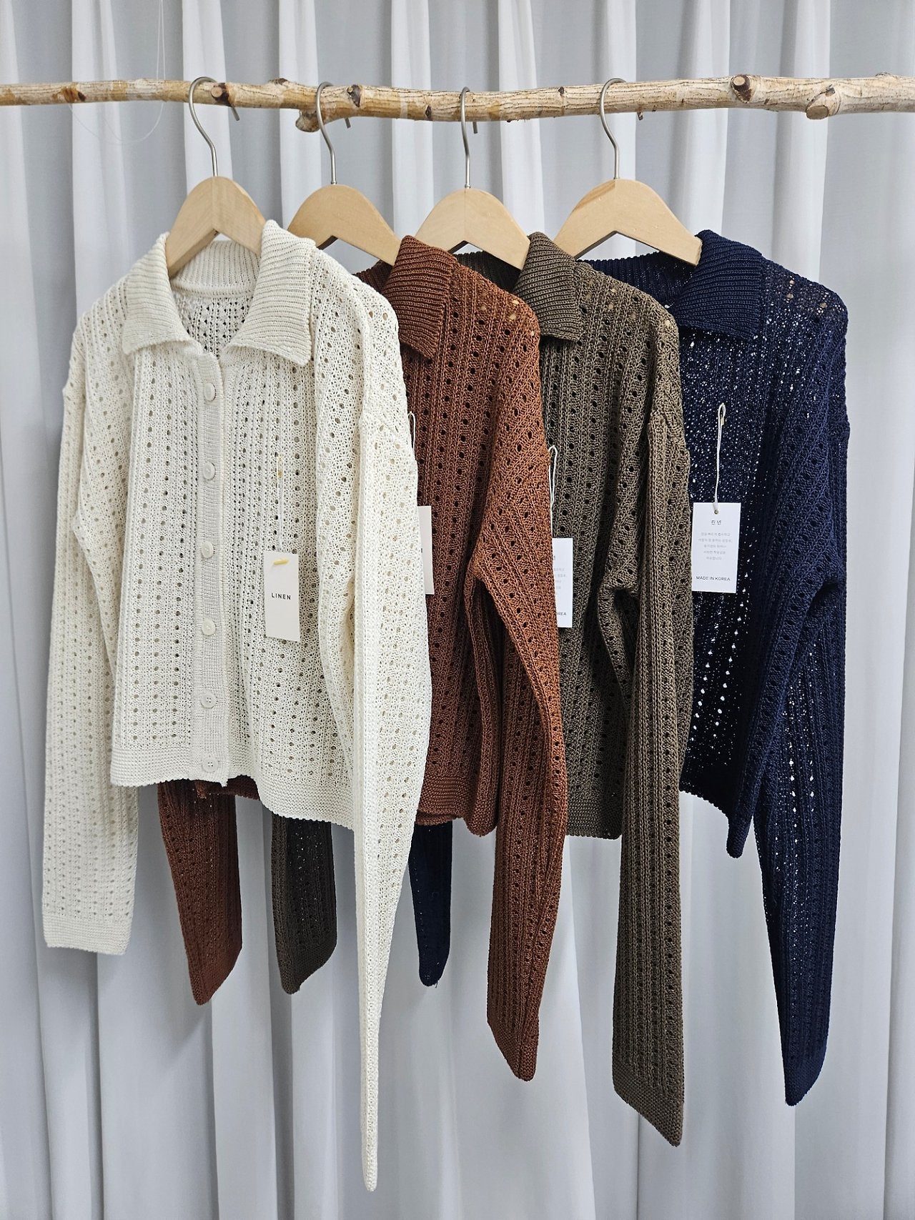 Linen-Cotton Perforated Collar Cardigan