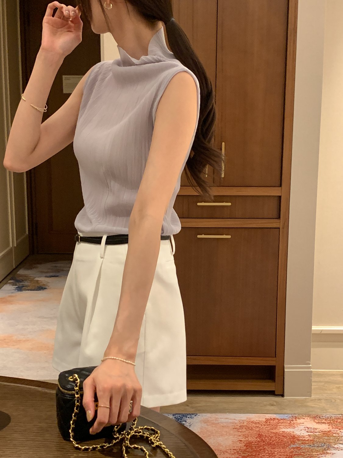 Pleated Mock-Neck Sleeveless Top
