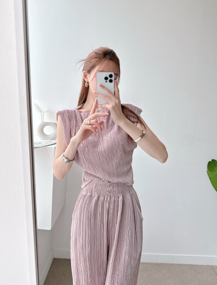 Pleated Off-Shoulder Cap Sleeve Top & Wide Pants Set