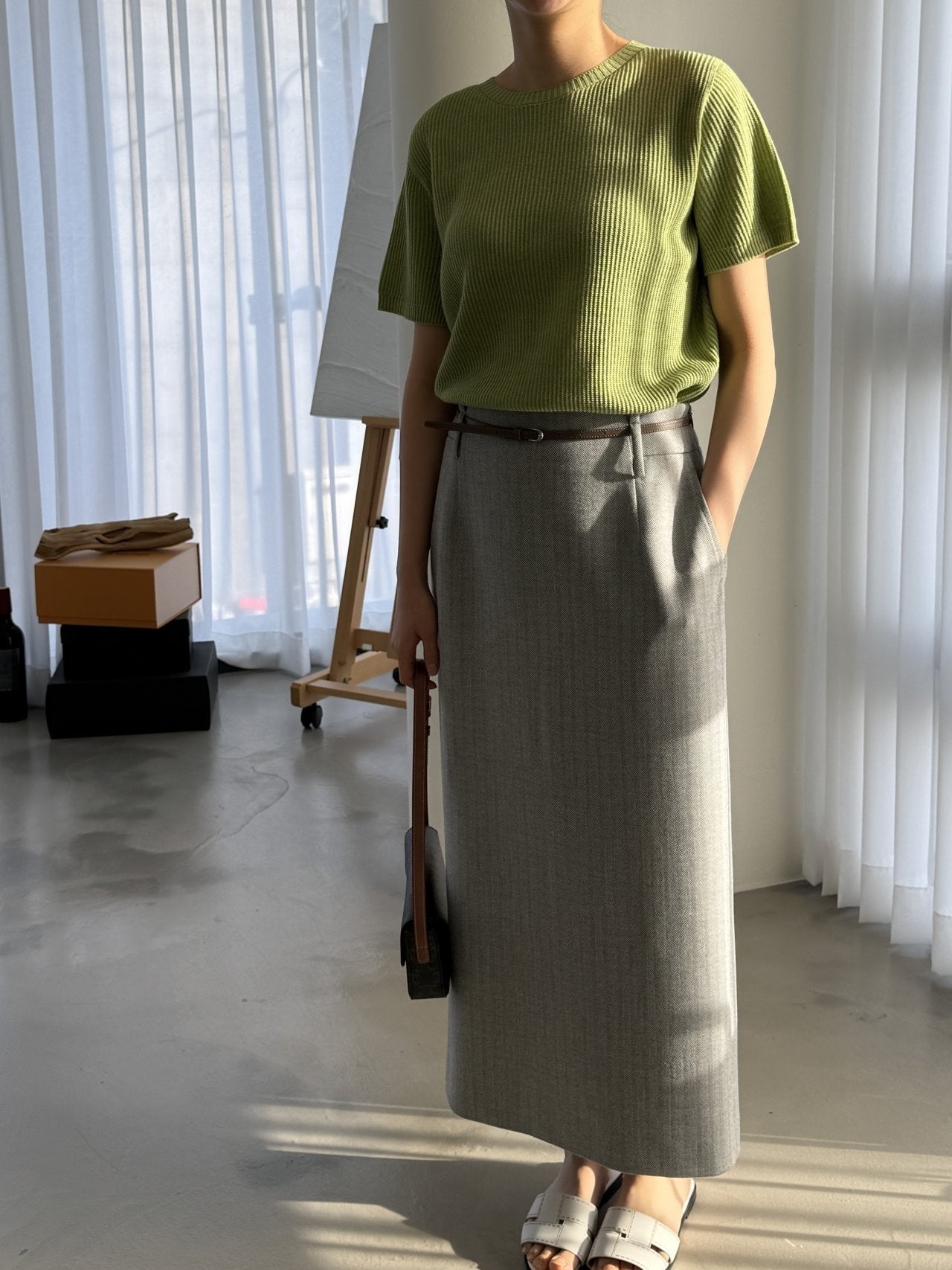 Textured Semi-Crop Knit (Short Sleeve) - Avocado