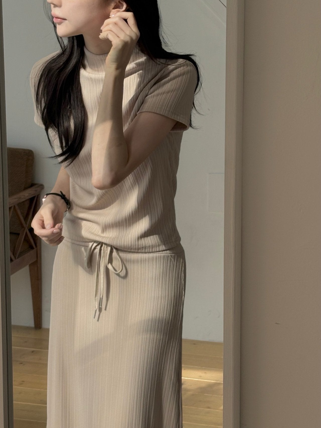 Wrinkle-Textured Half-Sleeve Top & Long Skirt Set