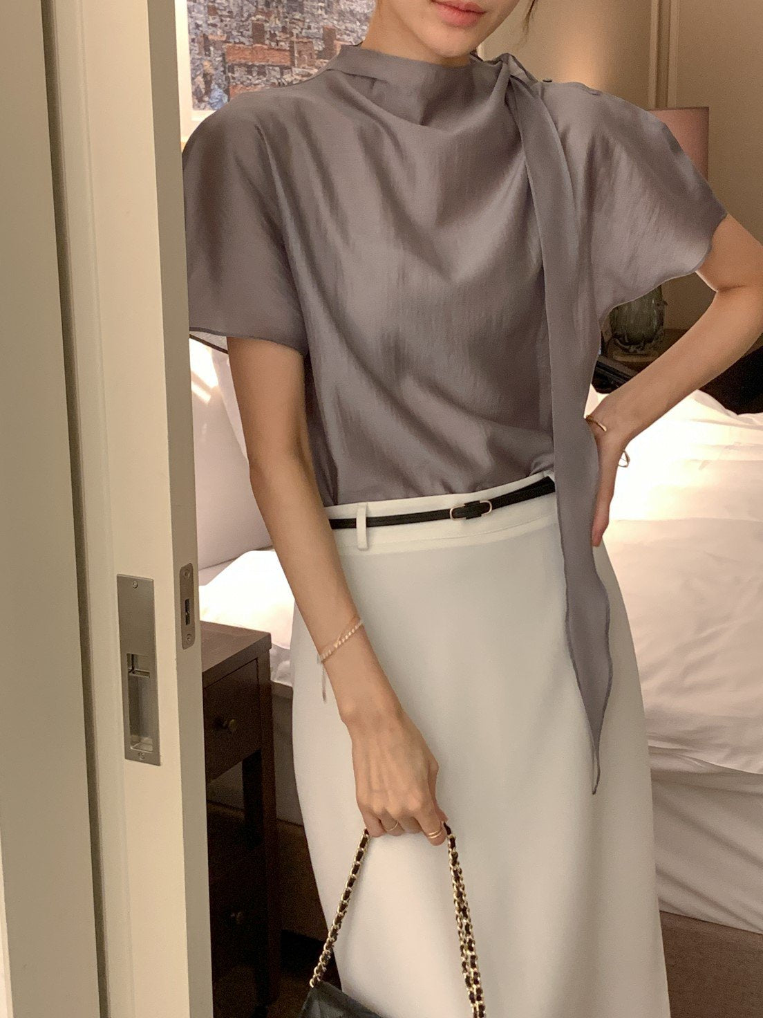 Tie Mock-Neck Blouse