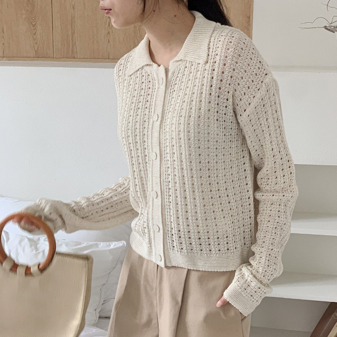 Linen-Cotton Perforated Collar Cardigan
