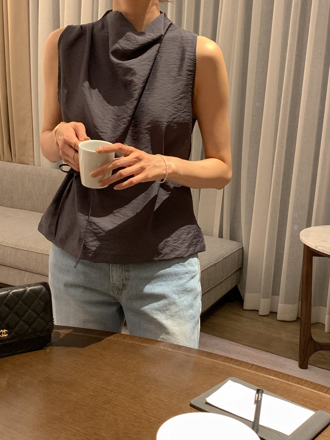 Cowl-Neck Shirring Sleeveless Blouse