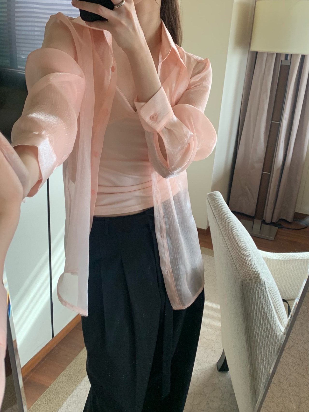 Luxury Organza Sheer Blouse – Sky Blue · White · Peach Pink