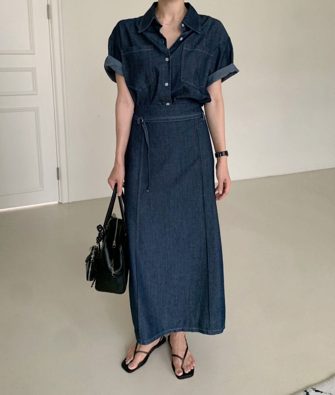 Short Sleeve Denim Shirt & Back-Band Denim Skirt set