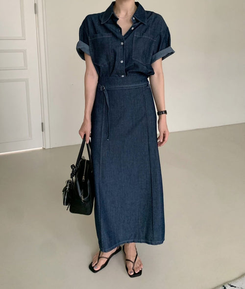[Best Seller] Short Sleeve Denim Shirt & Back-Band Denim Skirt set