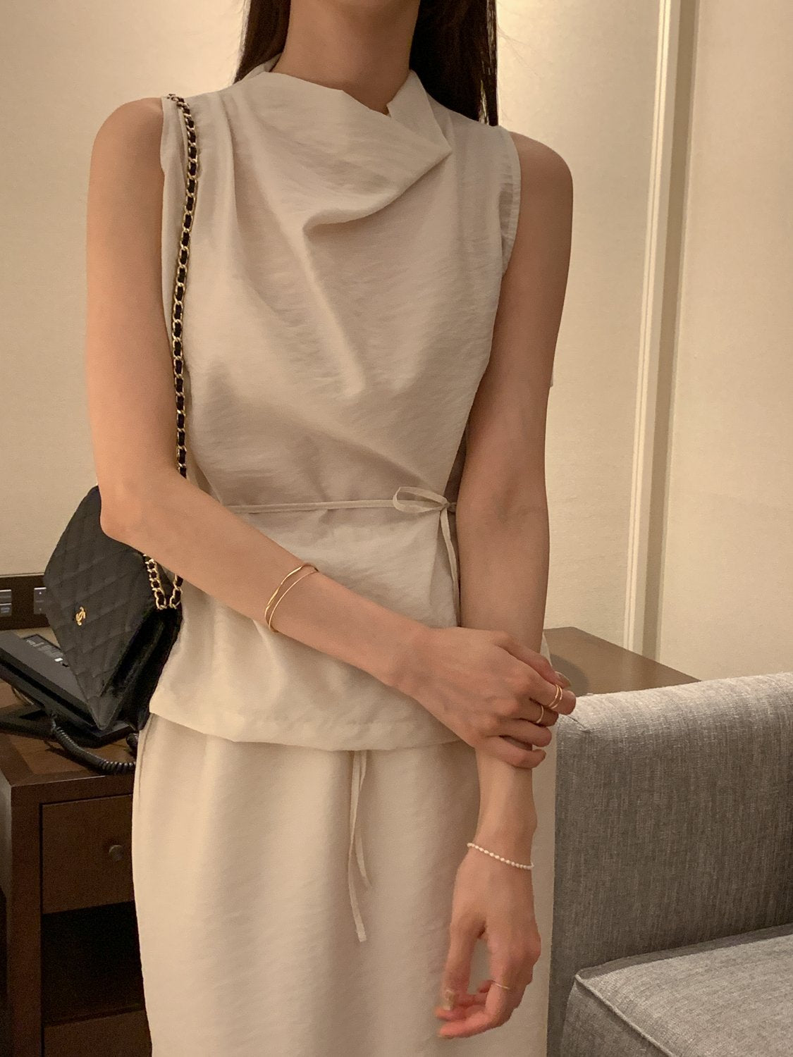 Cowl-Neck Shirring Sleeveless Blouse