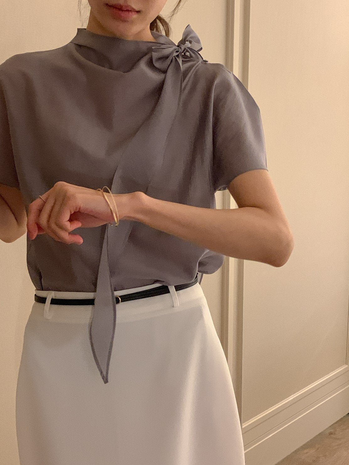 Tie Mock-Neck Blouse