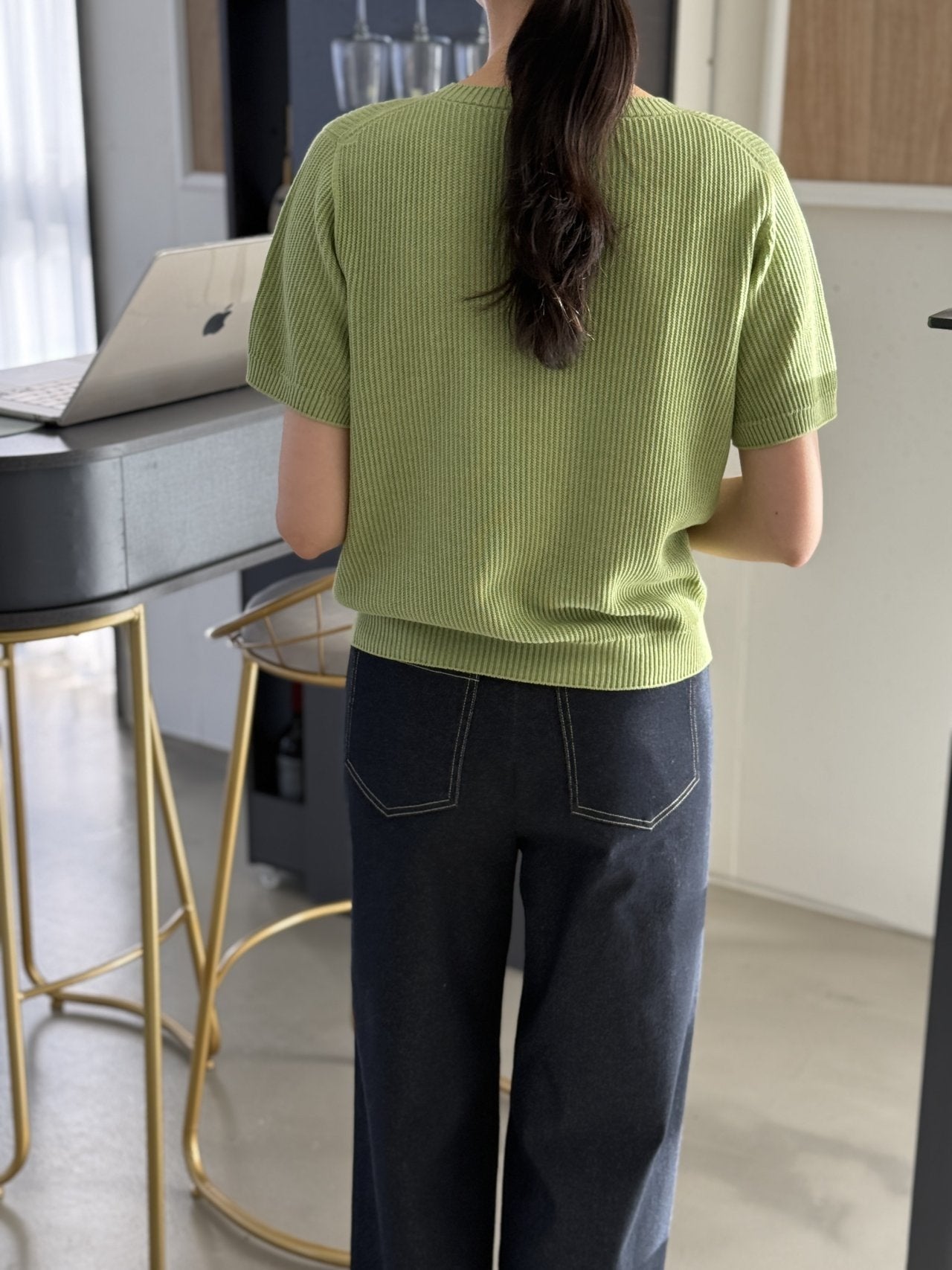 Textured Semi-Crop Knit (Short Sleeve) - Avocado