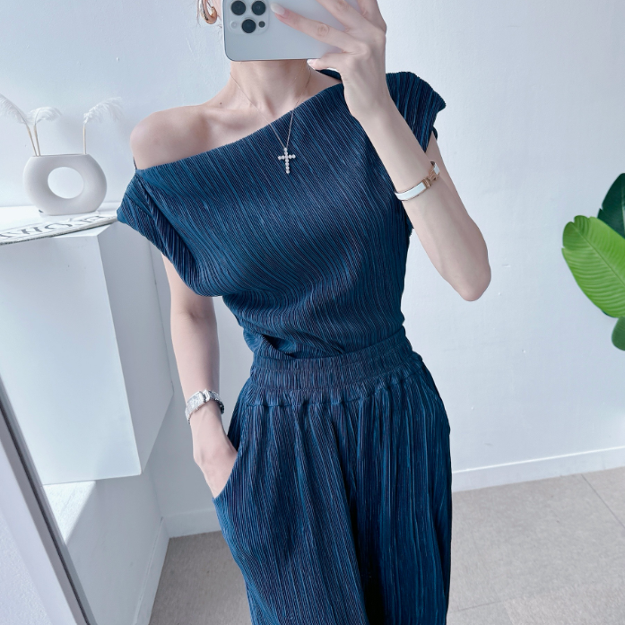 Pleated Off-Shoulder Cap Sleeve Top & Wide Pants Set
