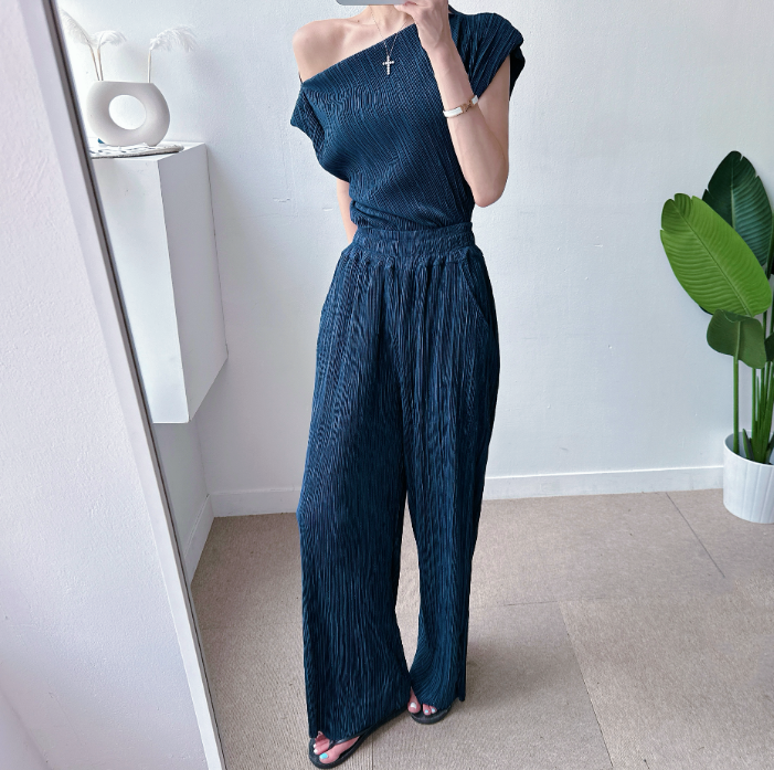 Pleated Off-Shoulder Cap Sleeve Top & Wide Pants Set