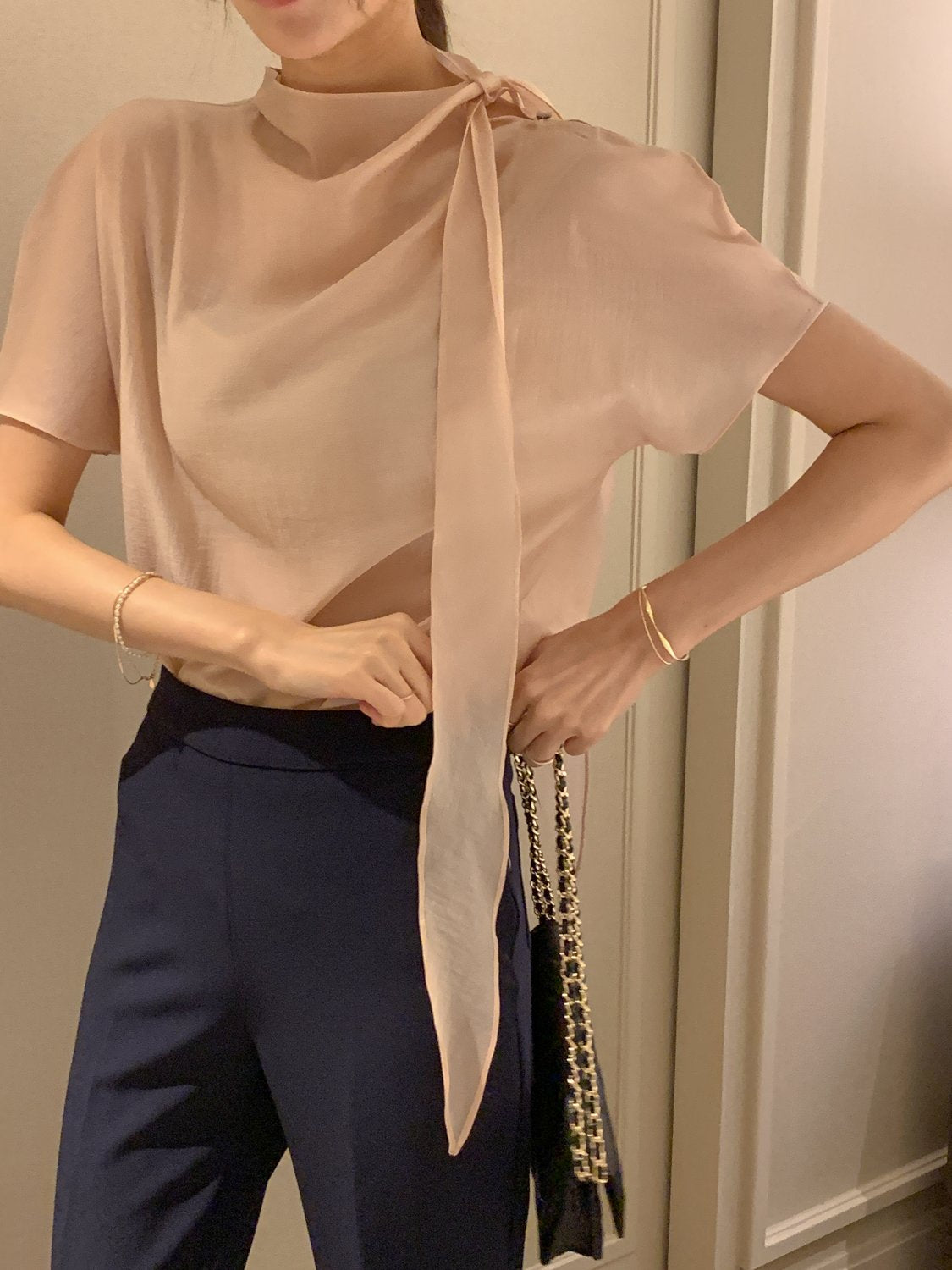 Tie Mock-Neck Blouse
