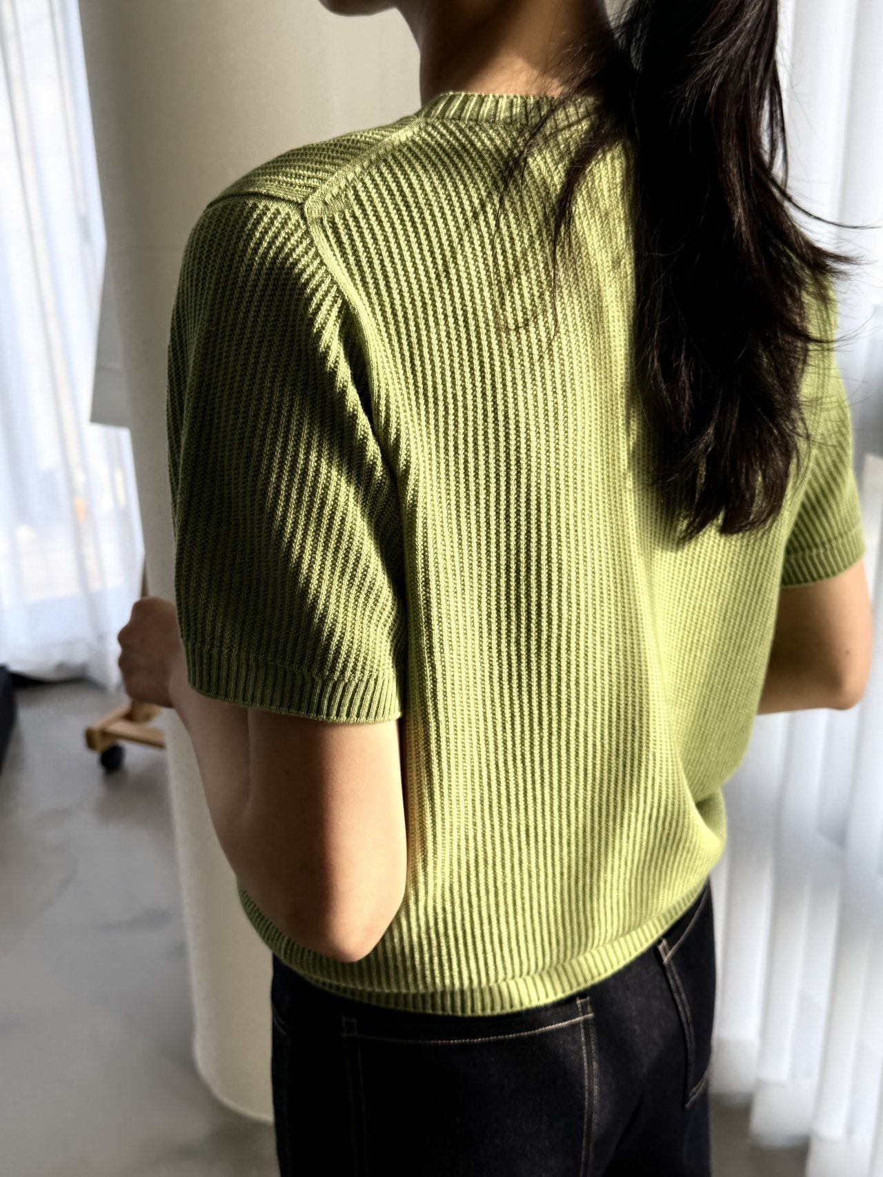 Textured Semi-Crop Knit (Short Sleeve) - Avocado