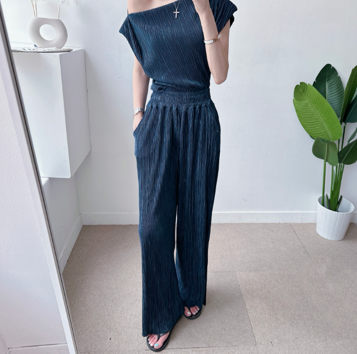 Pleated Off-Shoulder Cap Sleeve Top & Wide Pants Set