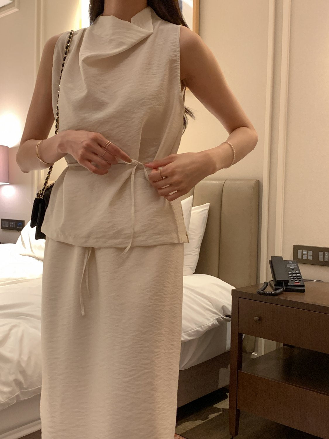 Cowl-Neck Shirring Sleeveless Blouse