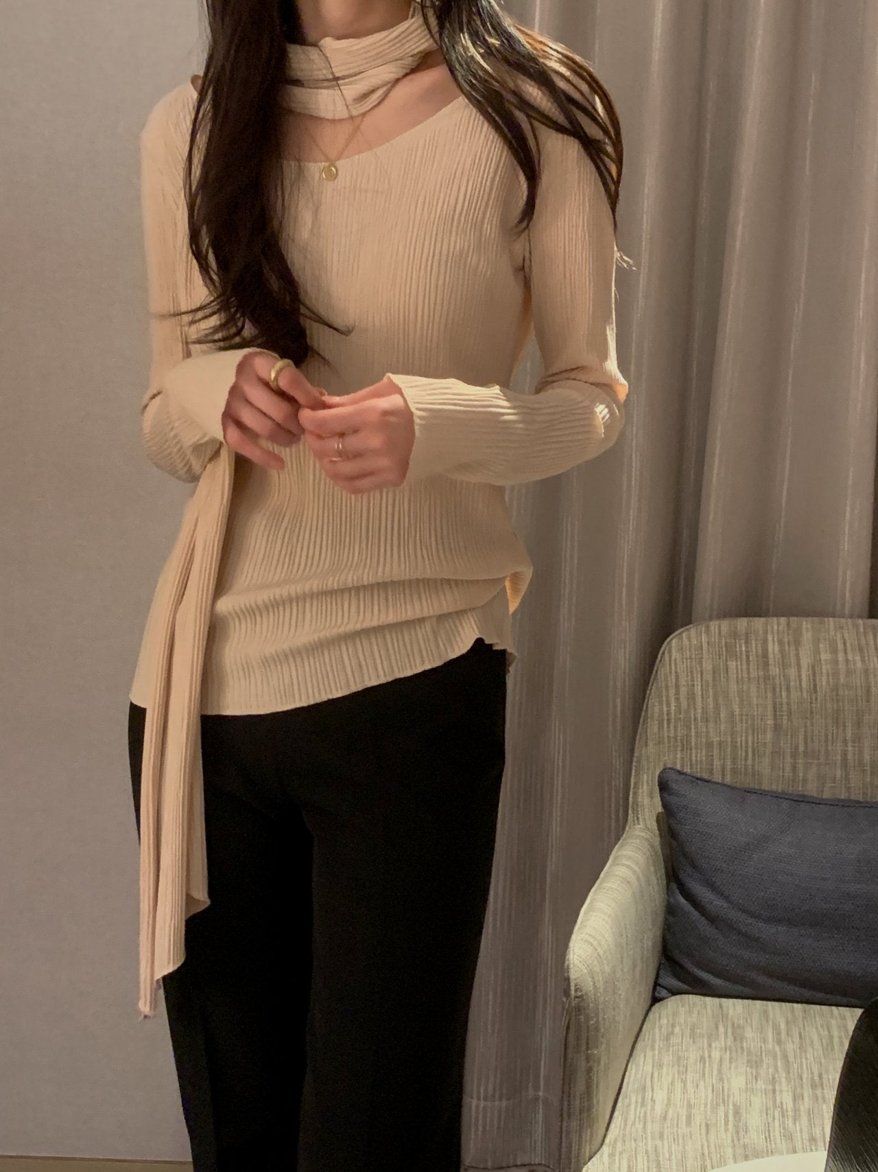 Pleated Scarf Set Tee