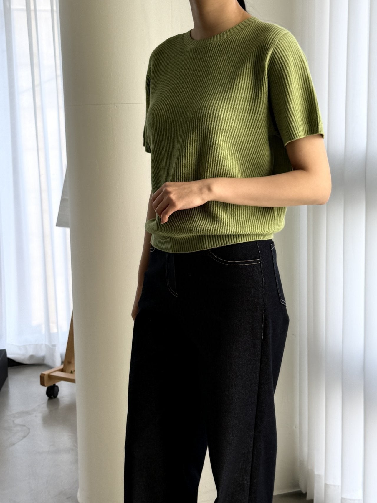 Textured Semi-Crop Knit (Short Sleeve) - Avocado