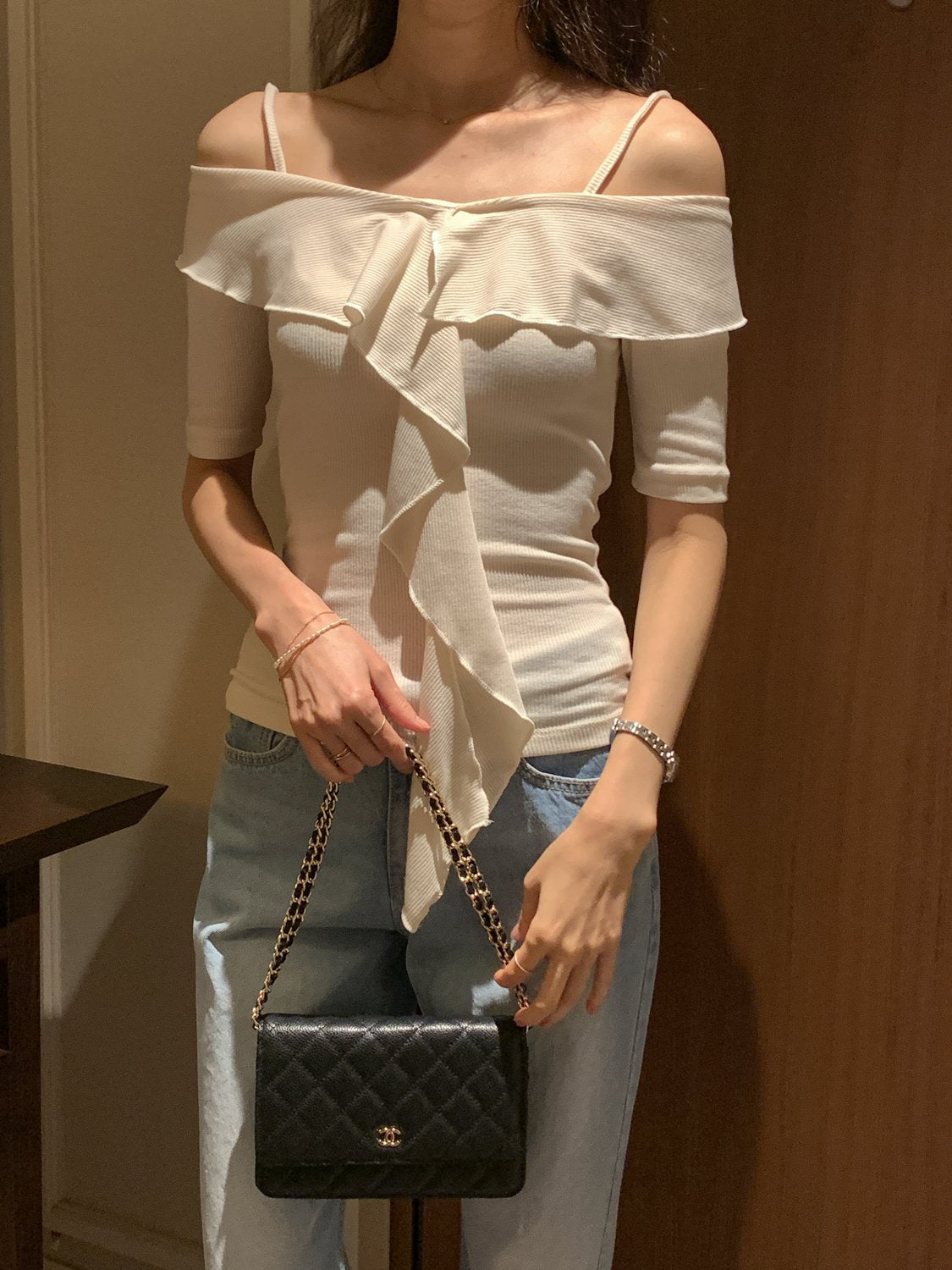 Frill Off the Shoulder Ribbed Tee