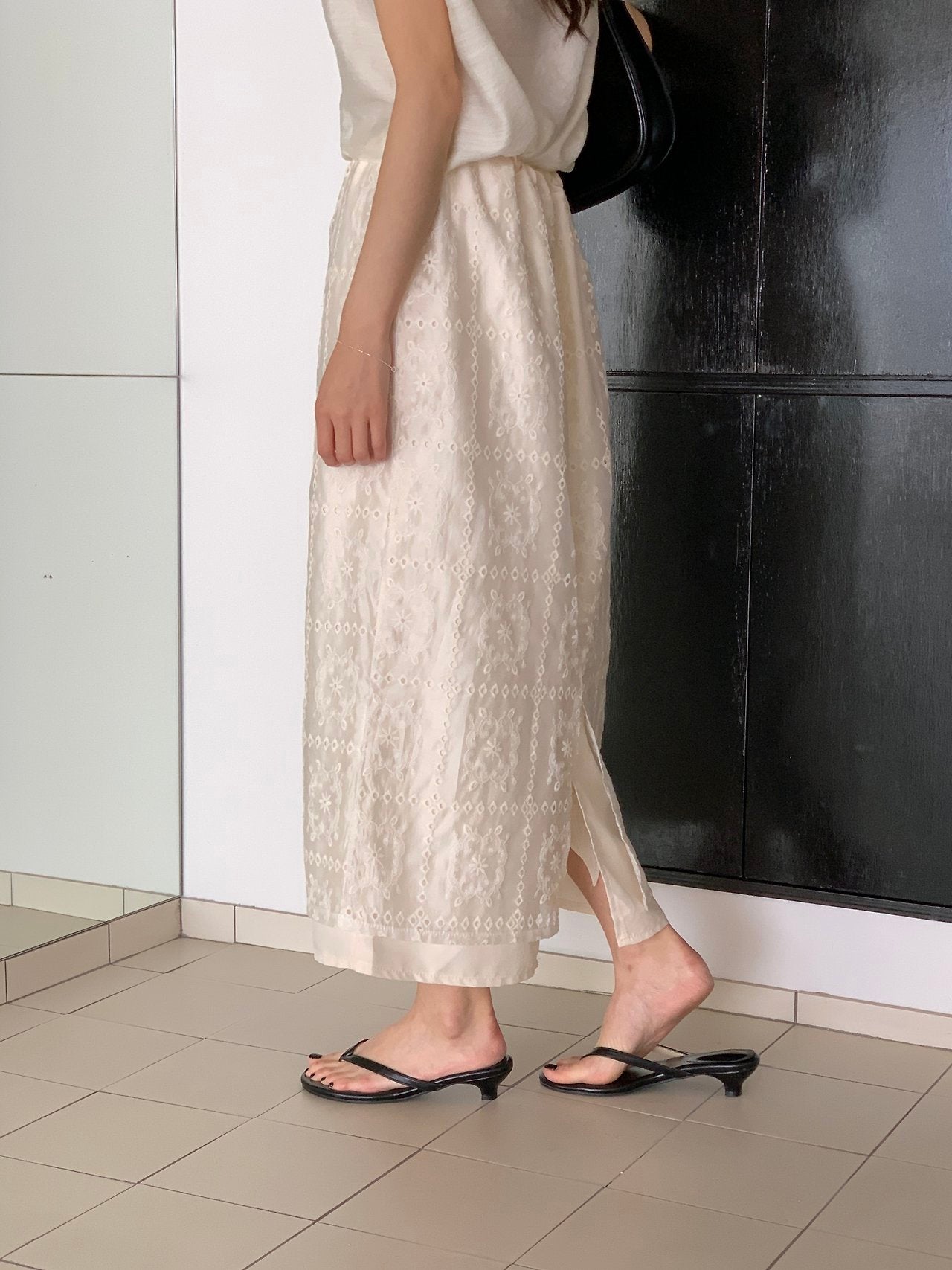 Square Lace Double-Layered Long Skirt