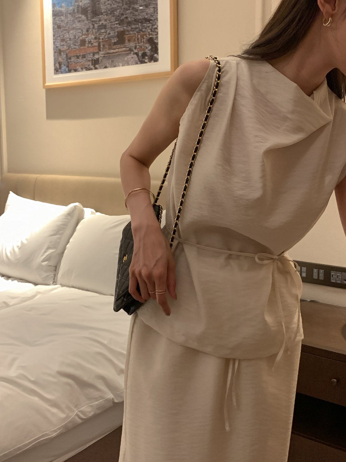 Cowl-Neck Shirring Sleeveless Blouse