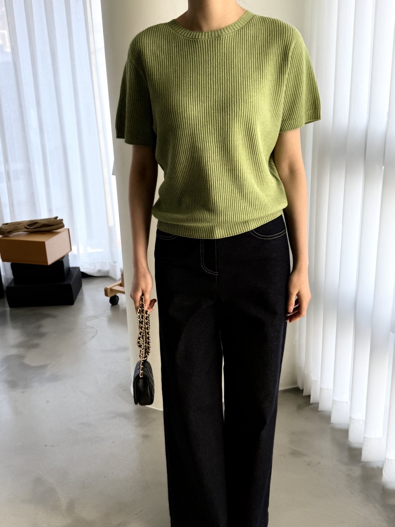 Textured Semi-Crop Knit (Short Sleeve) - Avocado